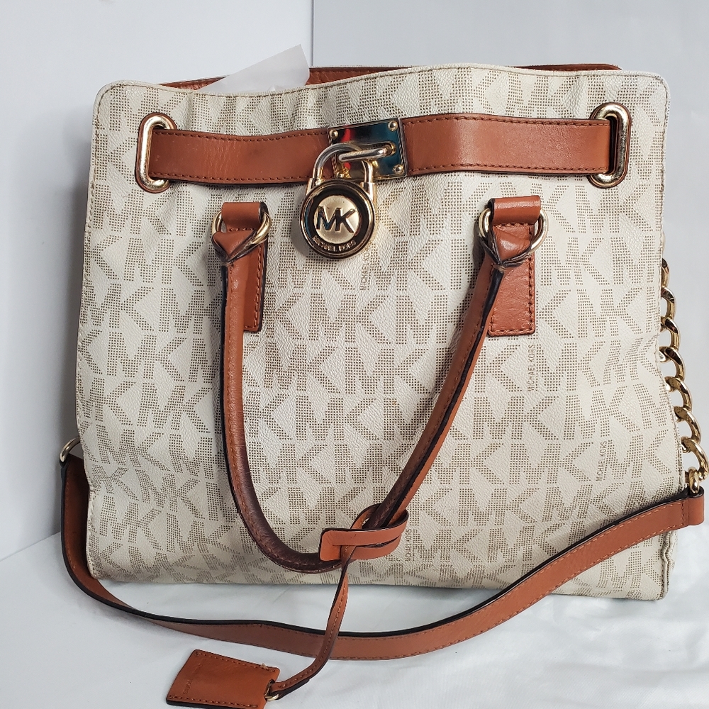 Michael Kors Hamilton Lock Large Tote Hand Bag Logo Cream Brown